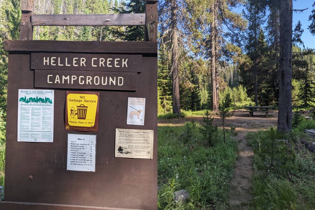 Campground notice board for Heller Creek Campground and campsite