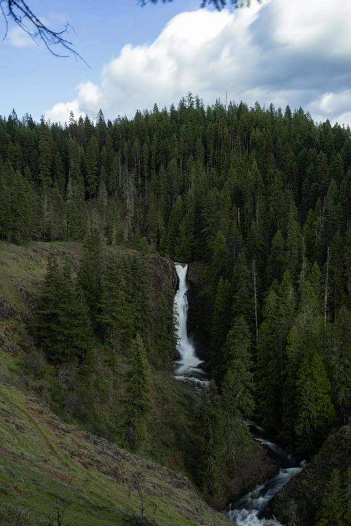 Water flows over a cliff into the valley below at the Middle Falls of the Elk Creek Falls