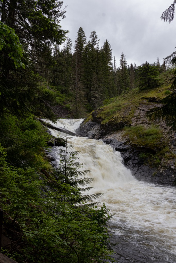 Water flows through a narrow channel down a small water fall
